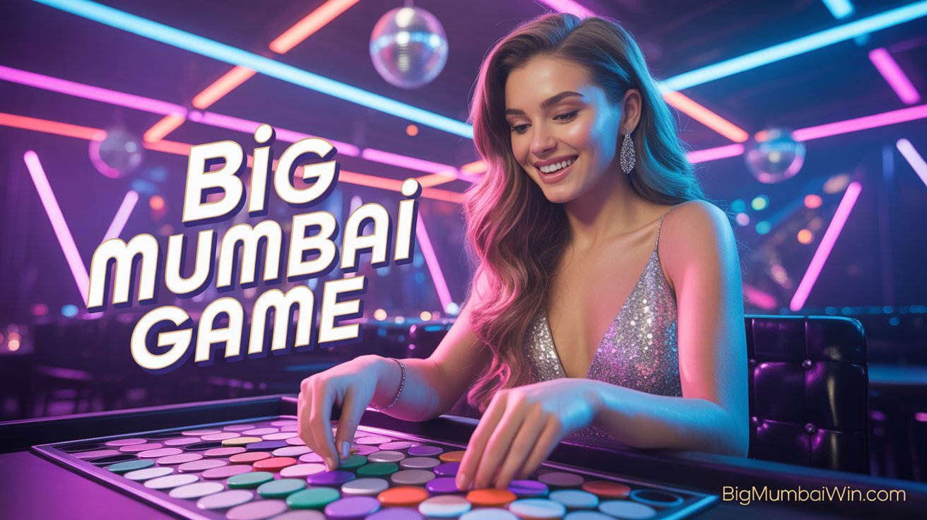 Glamorous young woman with long wavy hair wearing shimmering silver top, playing colorful board game with neon lights and disco ball in background - Big Mumbai Game